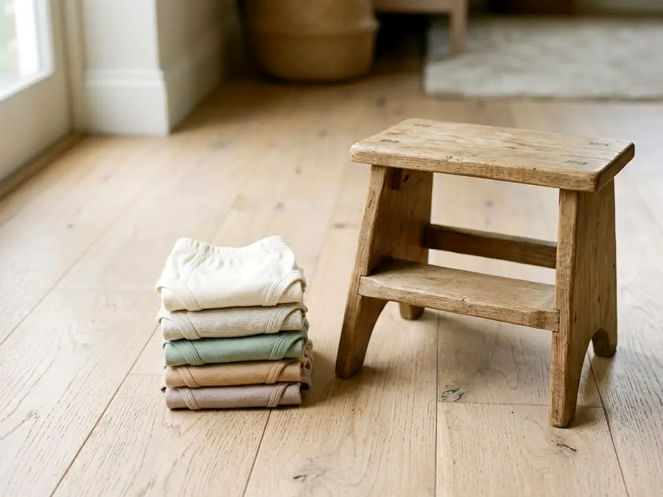 Folded toddler underwear beside a wooden step stool